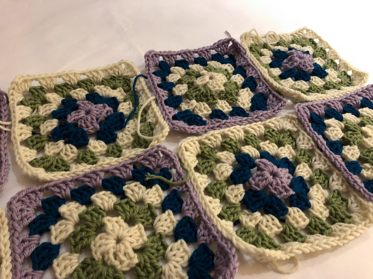 Finished squares on shelf