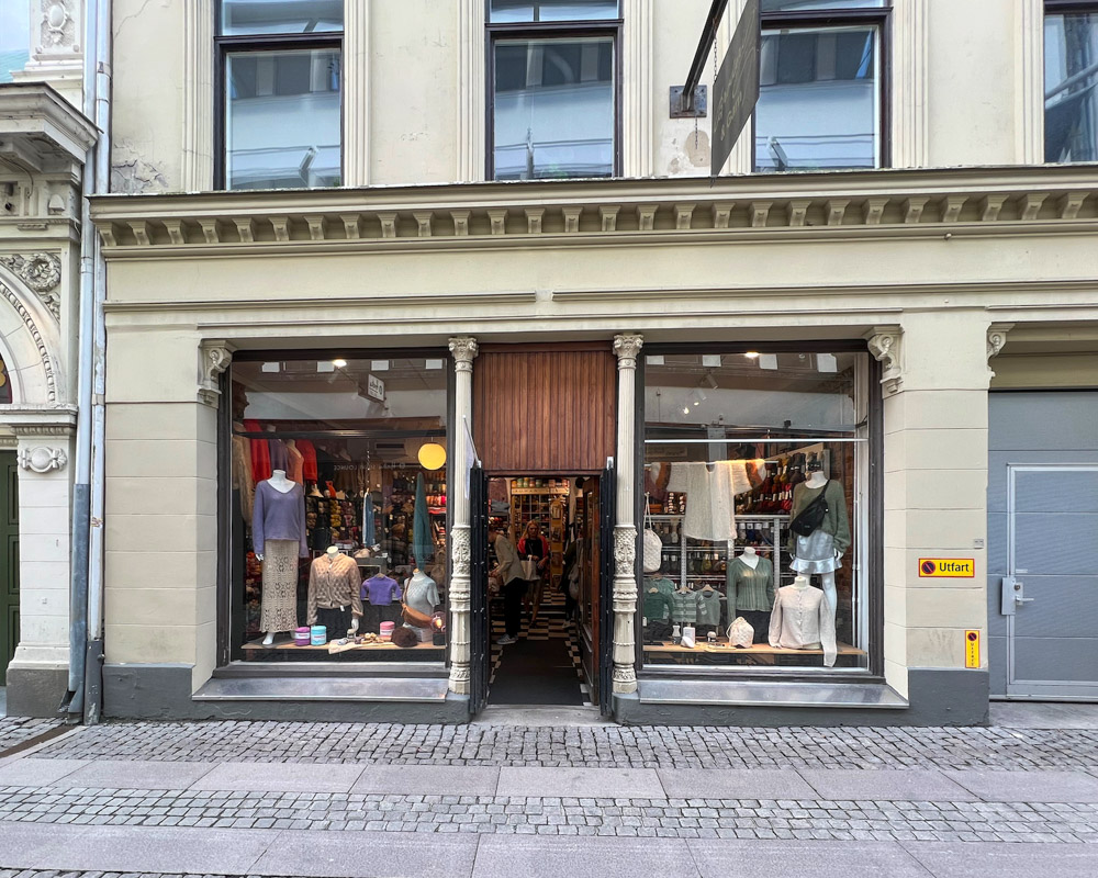 Colourful yarn wall in a Gothenburg yarn store